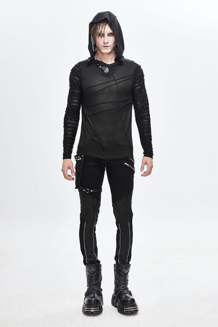 Black Collar Metal Button Irregular Striped Patchwork Bandage Hooded Men's Punk T-Shirt - Product - 4