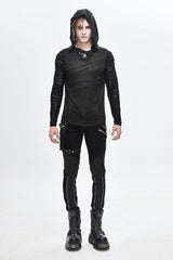 Black Collar Metal Button Irregular Striped Patchwork Bandage Hooded Men's Punk T-Shirt - Product - 4