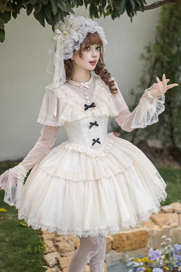 Ivory [The Oath of White Mist] Edwardian Collar Long Sleeves Multi-Layered Ruffled Bow Lace Fishbone Sweet Lolita Dress 2 Versions - Product - 13