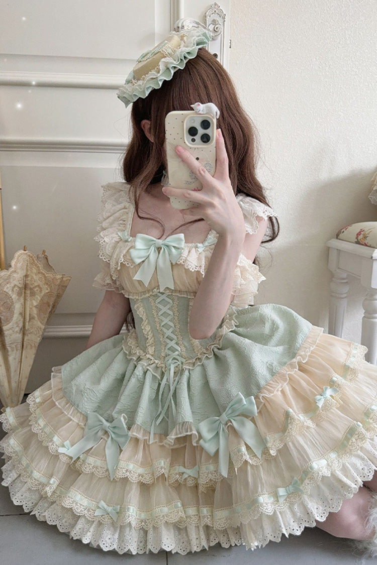Green [Flory Butterfly] Double-Layered Ruffle Bowknot Lace Lace-Up Sweet Ballet Lolita Jsk Dress - Product - 6