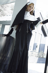 Black [Halloween Night Temple Nun] Short Sleeves Print Ruffle Gothic Elegant Lolita Dress - Product - 6