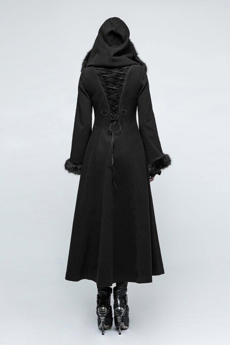 Black Hooded Print Womens Single-Breasted Long Maxi Gothic Coat - Product - 7