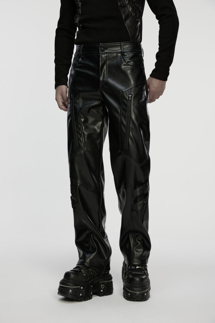 Black Zippered Eyelet Men's Punk Faux Leather Pants - Product - 6