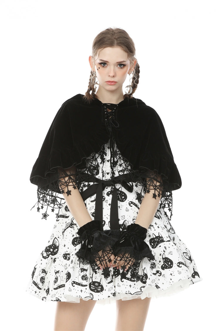 Black Lace-Up Women's Lolita Cat Ears Hooded Cape with Star Tassels - Product - 7