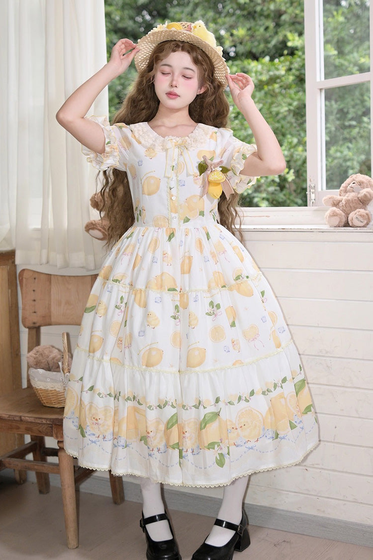 White [Lemon Chicken] Short Sleeves Print Ruffle Bowknot Lace Daily Sweet Lolita Dress - Product - 6