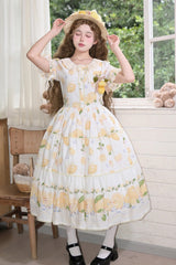 White [Lemon Chicken] Short Sleeves Print Ruffle Bowknot Lace Daily Sweet Lolita Dress - Product - 6
