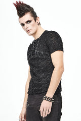 Black Broken Holes Thick Stripes Chest Lace-Up Knit Short Sleeve Men's Punk T-Shirt - Product - 3