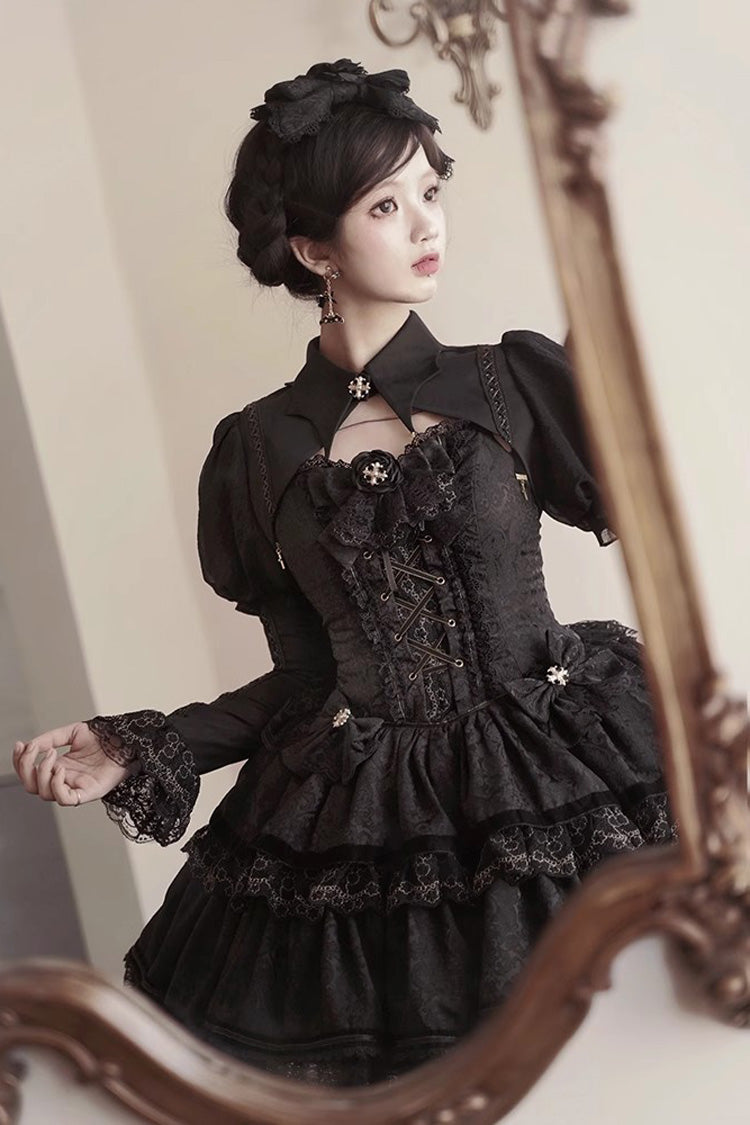 Black Double-Layered Ruffle Lace Gothic Ballet Lolita Jsk Dress - Product - 2