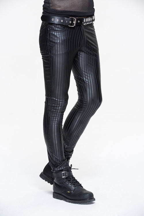Black Autumn And Winter Vertical Stripes Elastic Punk Leather Mens Pants - Product - 2