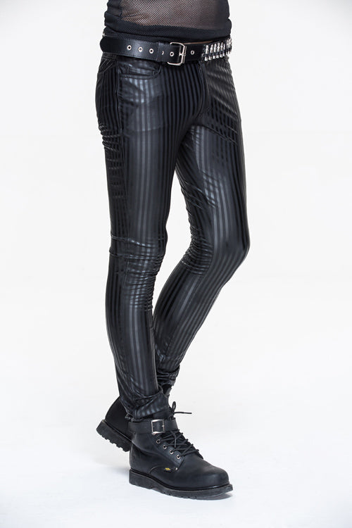 Black Autumn And Winter Vertical Stripes Elastic Punk Leather Mens Pants - Product - 2