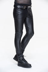 Black Autumn And Winter Vertical Stripes Elastic Punk Leather Mens Pants - Product - 2