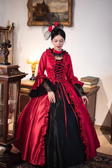 Wine Red Print Medieval Court Rococo Gothic Victorian Lolita Long Dress - Product - 5
