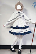 White Long Sleeves Double-Layered Ruffle Sweet College Style (Dress Only) front view