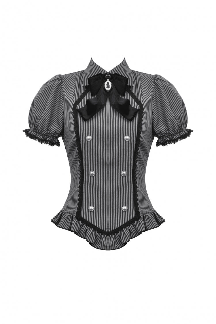 Black/Grey Short Puff Sleeves Lace-Up Striped Double-Breasted Women's Gothic College Style Blouse - Product - 3