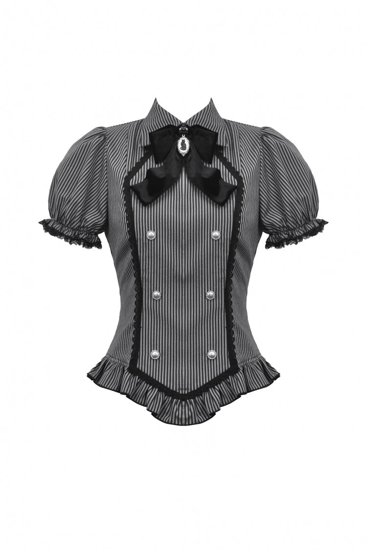 Black/Grey Short Puff Sleeves Lace-Up Striped Double-Breasted Women's Gothic College Style Blouse - Product - 3
