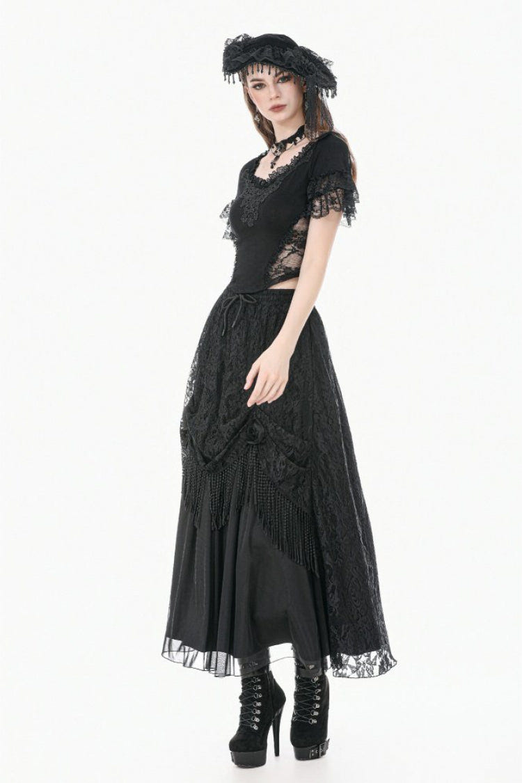 Black Women's Gothic Square Collar Double-Layered Lace Short Sleeves Embroidered Slim Fit Top - Product - 8