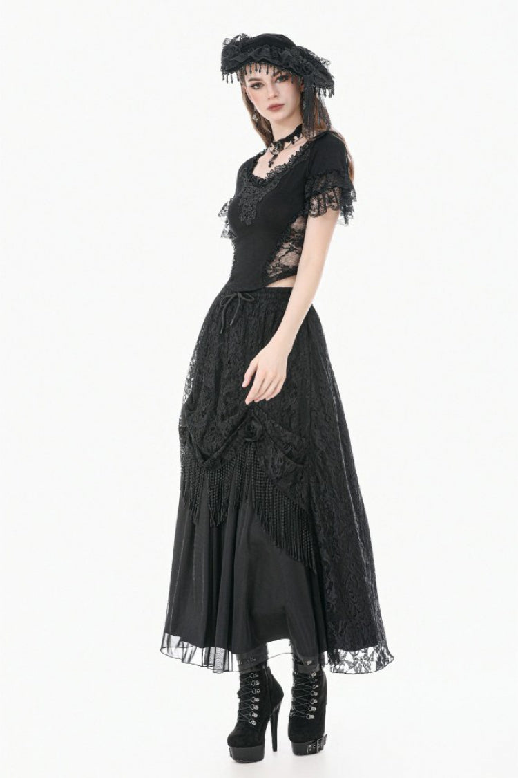 Black Women's Gothic Square Collar Double-Layered Lace Short Sleeves Embroidered Slim Fit Top - Product - 8