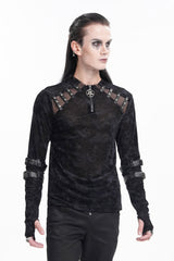 Black Round Collar Long Sleeves Buckle Star Studs Men's Gothic T-Shirt - Product - 5