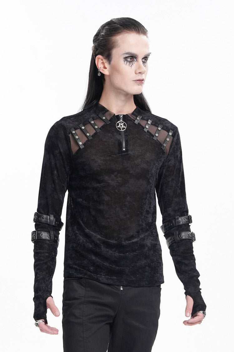 Black Round Collar Long Sleeves Buckle Star Studs Men's Gothic T-Shirt - Product - 5