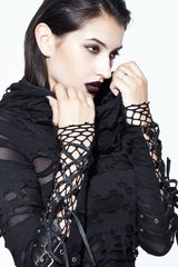 Black Hooded Ripped Finger Covered Splice Mesh Leather Loop Lace Up Women's Punk Shirt - Product - 8