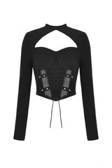 Black Long Sleeves Cut-Out Spliced Mesh Zippered Strappy Eyelet Women's Punk Crop Top - Product - 3
