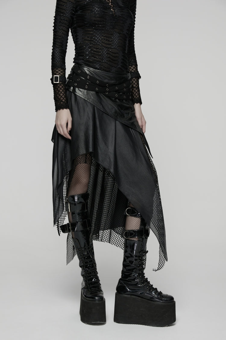 Black Double-Layered Irregular Eyelet Women's Punk rregular Wasteland Skirt - Product - 10