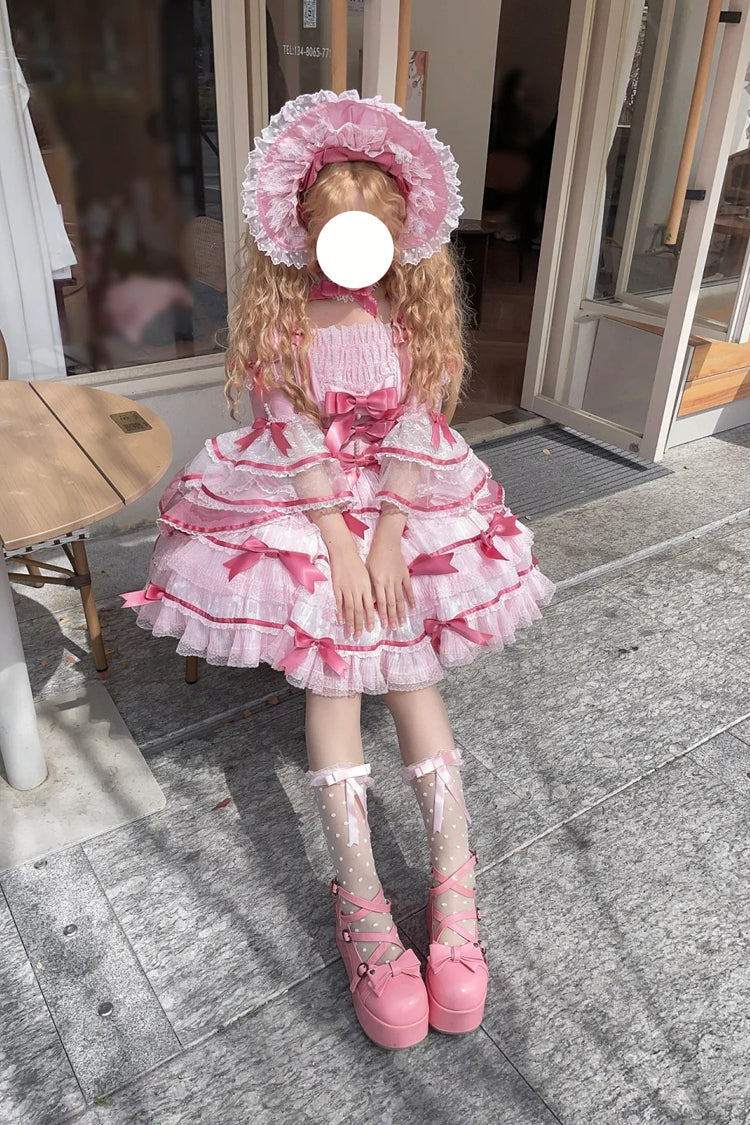 Pink [Velvet Cake] Long Trumpet Sleeves Multi-Layered Ruffle Bowknot Lace Sweet Lolita Dress - Product - 10