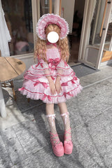 Pink [Velvet Cake] Long Trumpet Sleeves Multi-Layered Ruffle Bowknot Lace Sweet Lolita Dress - Product - 10