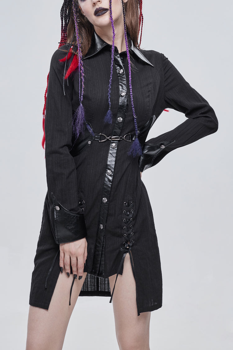 Black Vertical Suture Texture Leather Metal Buckle Design Decoration Long Women's Punk Shirt - Black - 1