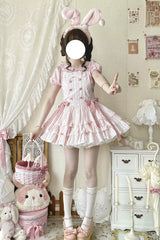 Pink Cotton Sleeveless Triple-Layered Printed Ruffled Bow Sweet Lolita Strap Dress - Product - 2