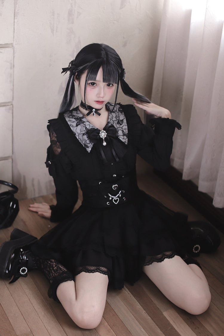 Black [Dreamy Love Ballad] Lapel Collar Long Sleeves Double-Layered Ruffled Cut-Out Bow Gothic Japanese Jirai Kei Skirt Set - Product - 4