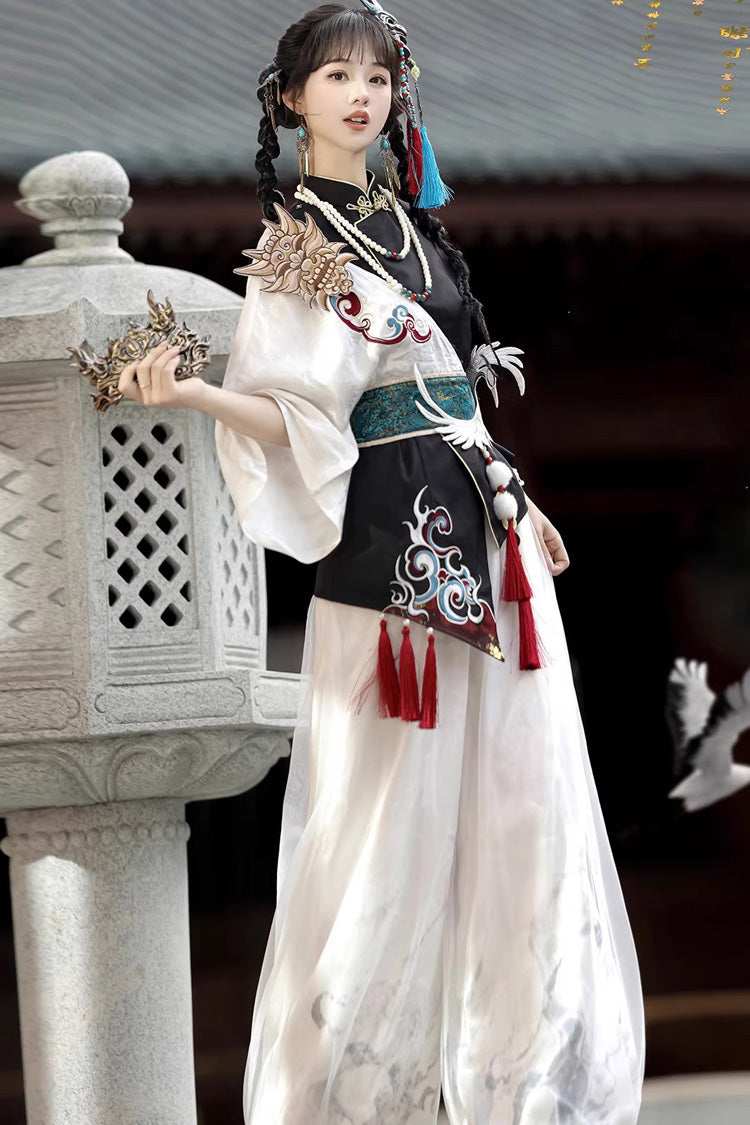 Black/White Stand Collar Single Long Sleeve Printed Embroidered Asymmetric Chinese Style Ouji Set - Product - 11