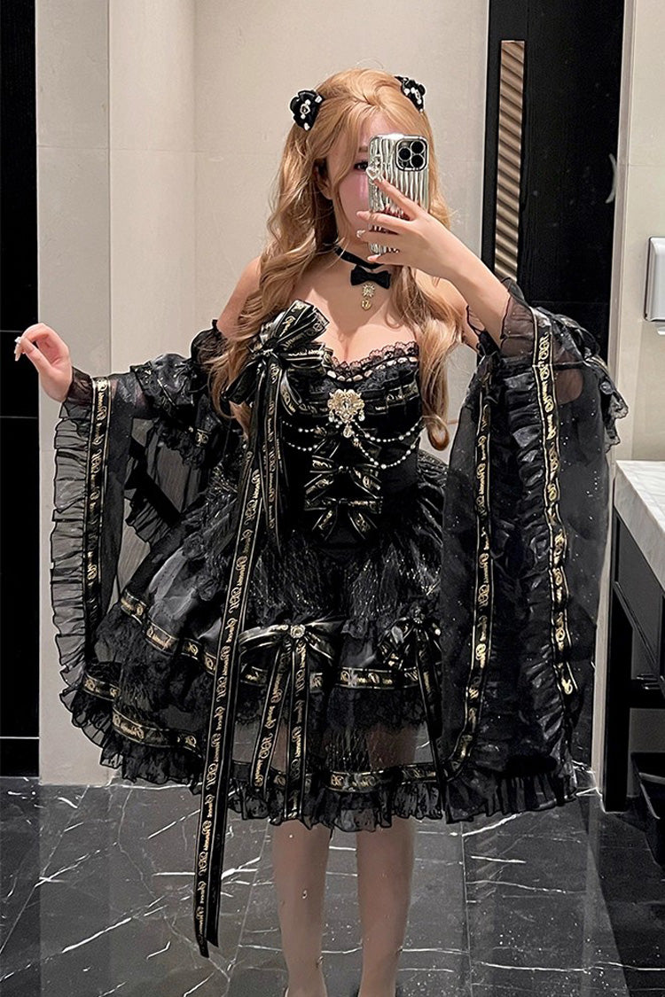 Black [Golden Obsidian Night] Sleeveless Double-Layered Ruffle Bowknot Pearl Gothic Princess Lolita Dress - Product - 4