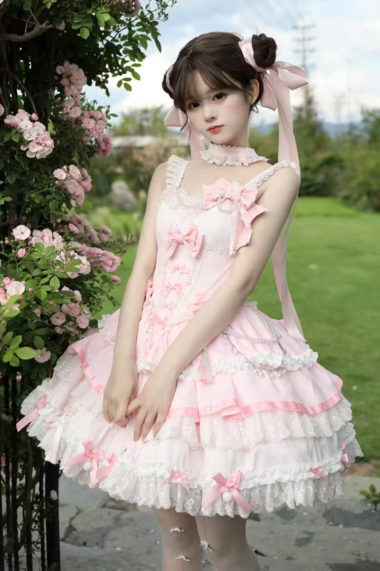 Pink [Prelude of Spring Cherry] Square Collar Sleeveless Multi-Layered Jacquard Ruffled Bow Lace Pearl-Decorated Sweet Lolita Jsk Dress - Product - 8