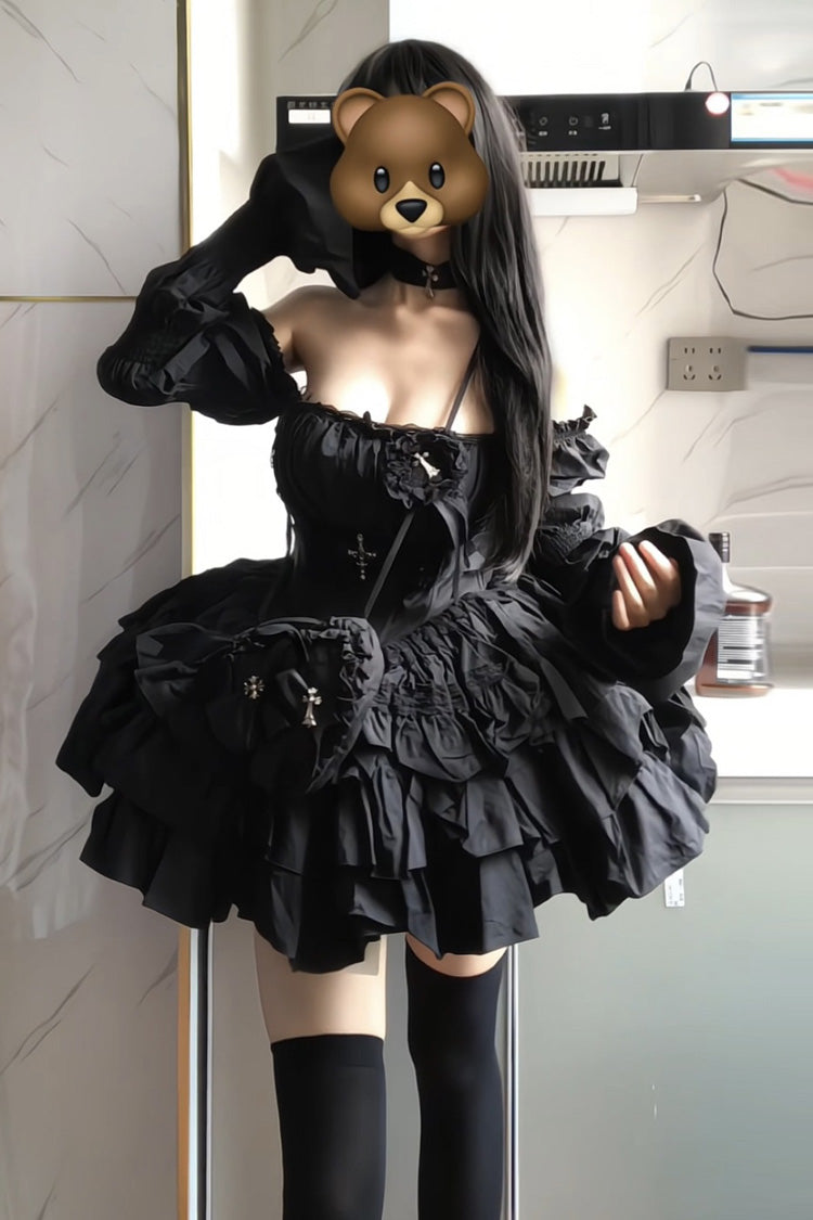 Black Sleeveless Triple-Layered Ruffle Bowknot Lace Gothic Princess Lolita Dress - Product - 7
