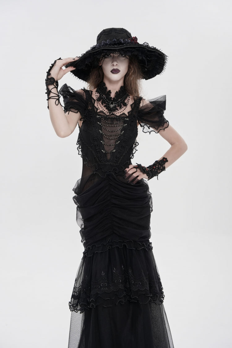 Black Off Shoulder Ruffled Cut-Out Lace Pleated Women's Gothic Dress - Product - 10