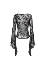 Black Plunging Flared Sleeved Mesh Splice Women's Punk Shirt - Product - 9