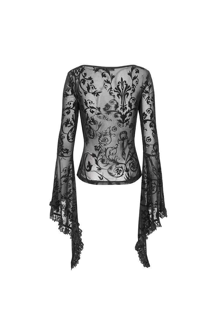 Black Plunging Flared Sleeved Mesh Splice Women's Punk Shirt - Product - 9