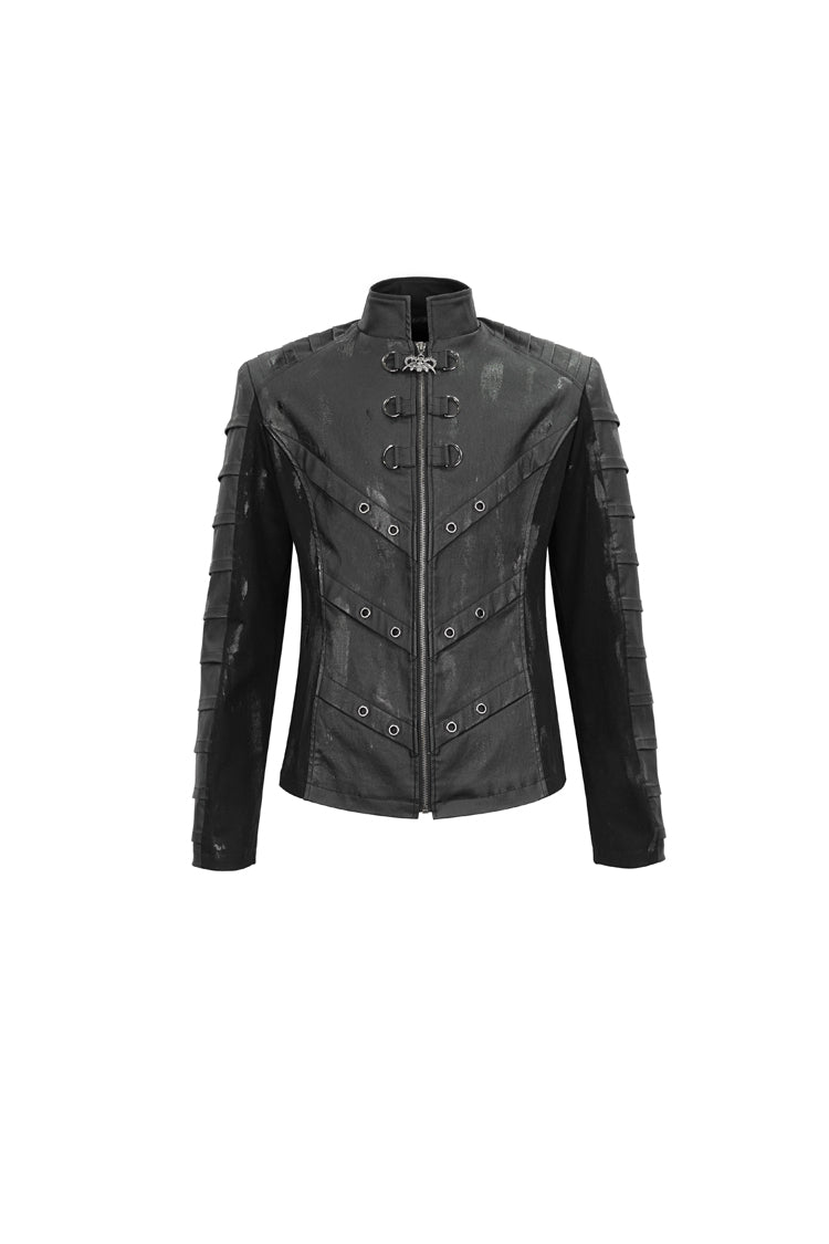Black Stand Collar Stretch Faux Leather Twill Woven Men's Punk Jacket - Product - 5