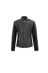 Black Stand Collar Stretch Faux Leather Twill Woven Men's Punk Jacket - Product - 5