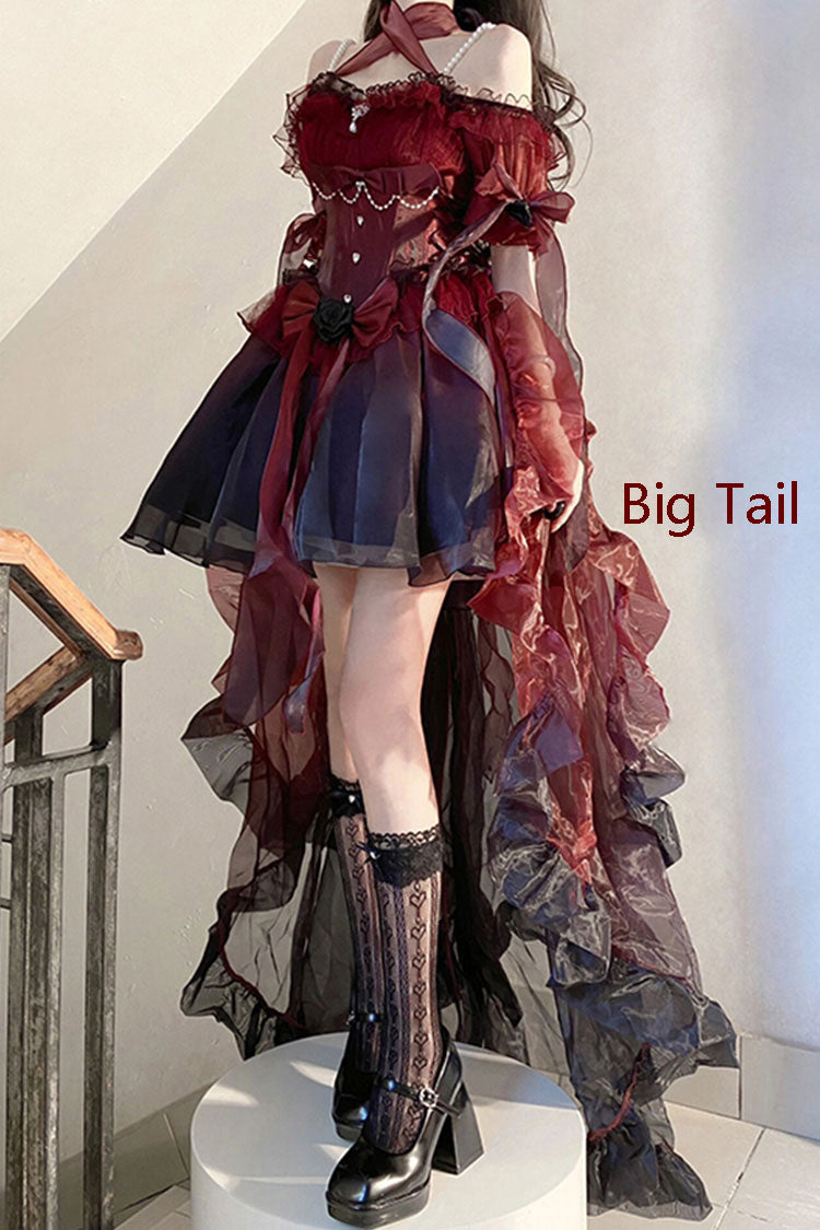 Wine Red Midsummer Dream Short Sleeves Ruffle Hanayome Off-The-Shoulder Gothic Short Lolita Dress - Product - 5