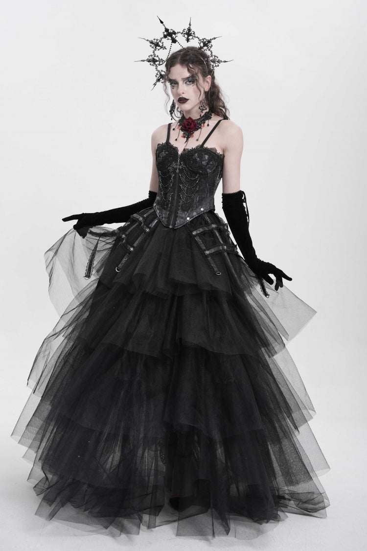 Black Sleeveless Embroidery Lace Chain Women's Gothic Vest - Product - 11