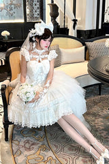 White [Jewelry Love Story] Halterneck Ruffle Hanayome Bowknot Lace Gothic Lolita Dress - Product - 10