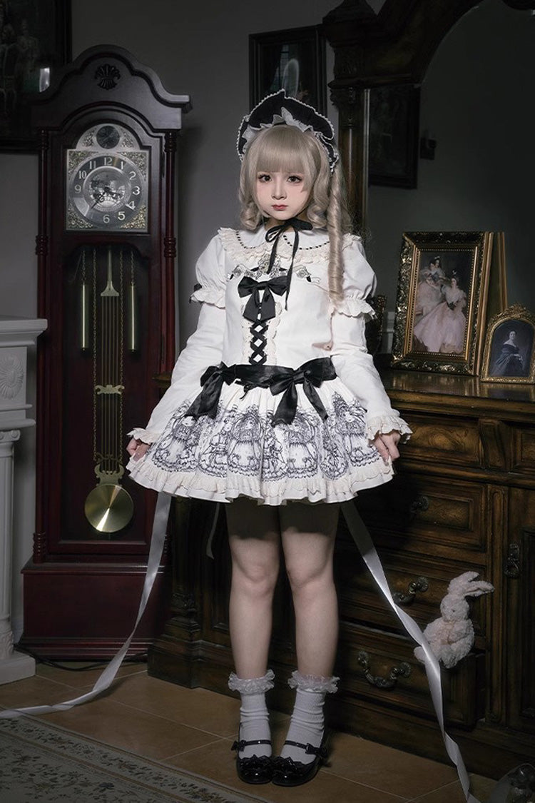 Doll Night Short Sleeves Print Ruffle Embroidery Bowknot Gothic Lolita Dress 2 Colors - Beige - 4