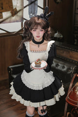 [Liya] Square Collar Long Lantern Sleeves Multi-Layered Ruffled Classic Elegant Lolita Dress 2 Colors (Black, Red) - Product - 24
