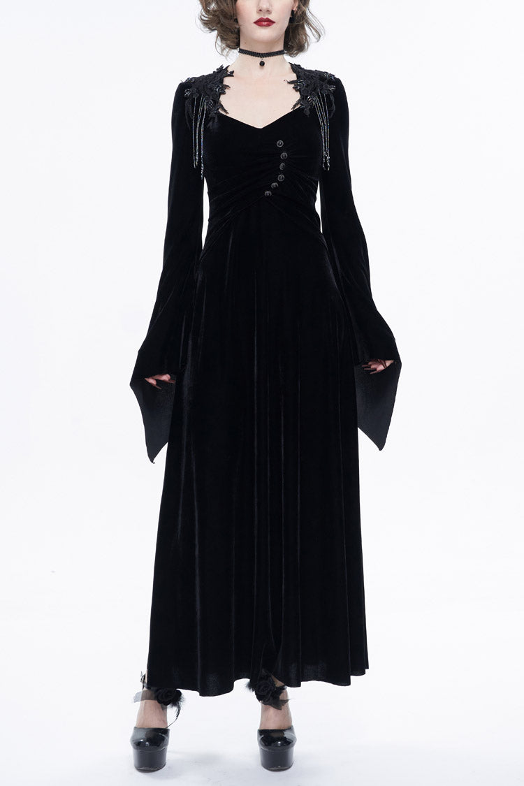 Black Embroidered Fringe Flared Sleeve Women's Gothic Dress - Black - 1