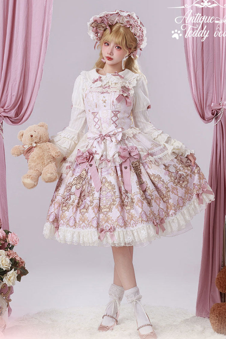 Pink [Antique Teddy Bear] Sleeveless Printed Bow Lace Sweet Elegant Lolita Jsk Dress - Product - 10