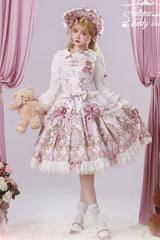 Pink [Antique Teddy Bear] Sleeveless Printed Bow Lace Sweet Elegant Lolita Jsk Dress - Product - 10
