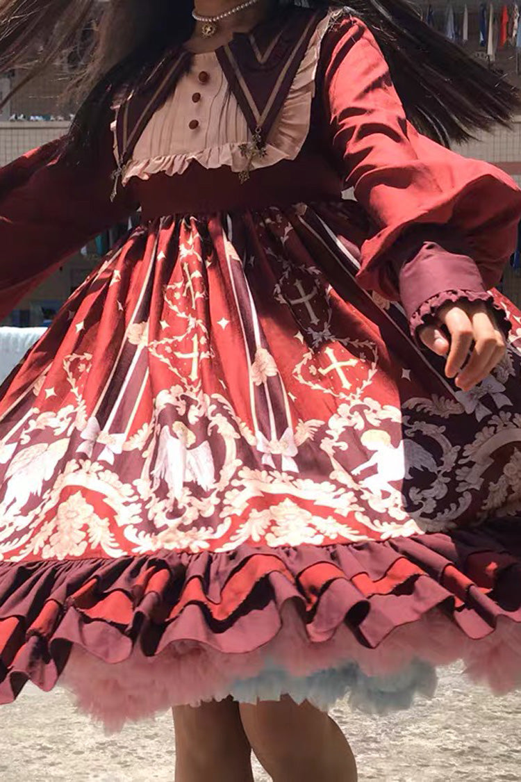 [Angel's Redemption] Long Sleeves Angel Print Ruffle Bowknot Sweet Lolita Dress 3 Colors - Red - 17