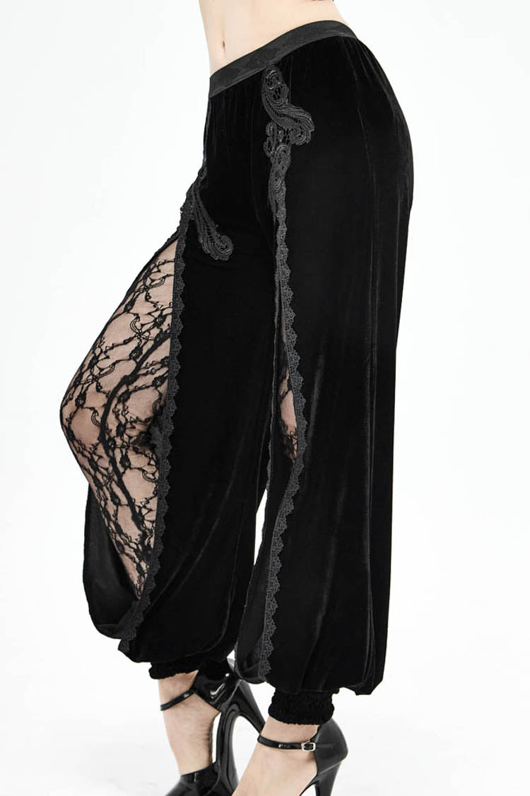Black Gothic Front Decals Split Splice Mesh Velvet Women's Pants - Product - 3